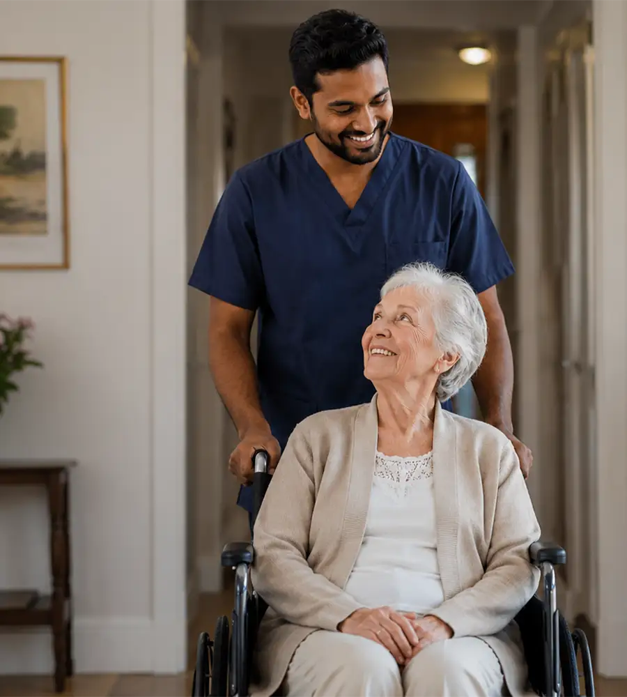 Healthcare student in scrubs assisting an elderly woman in a wheelchair — QQI healthcare and nursing courses at B&B Nursing, Ireland